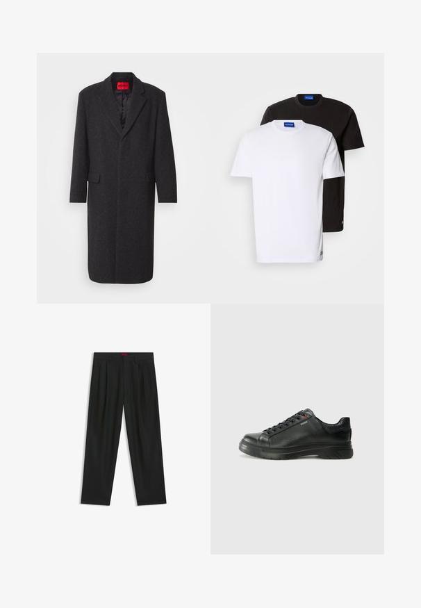 Schwarzer Wollmischungs-Mantel mit taillierter Silhouette, Reverskragen, zwei vorderen Taschen und glänzender Innenausstattung. Markenlabel sichtbar.; Zwei übereinander gestapelte T-Shirts: eines weiß und eines schwarz. Kurze Ärmel, runde Ausschnitte, aus Baumwollstoff. Mit einem kleinen blauen Logo am Ausschnitt.; Schwarze Hose mit einem gefältelten Design, weiter Beinform und glatter Textur. Verfügt über ein rotes Taillenlabel.; Schwarze Leder-Sneaker mit strukturiertem Obermaterial, gepolstertem Kragen und rotem Logo-Detail. Verfügt über eine dicke Gummisohle mit markantem Profil.