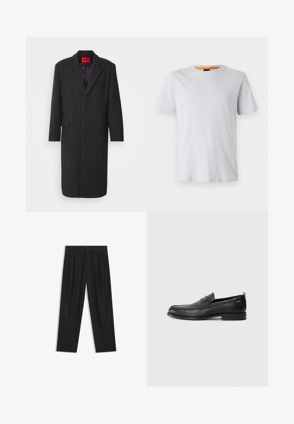 Abrigo de mezcla de lana negra con una silueta ajustada, solapas de muesca, dos bolsillos frontales y un forro interior brillante. Etiqueta de la marca visible.; Camiseta de manga corta gris claro hecha de algodón, con un pequeño parche de logo en el pecho y un acento naranja en contraste en el cuello.; Pantalones negros con diseño plisado, forma de pierna ancha y textura suave. Presenta una etiqueta de cintura roja.; Mocasines de cuero negro con un panel frontal texturizado y laterales lisos. Presenta un tacón delgado y un lazo trasero para facilitar su uso. Diseño clásico.