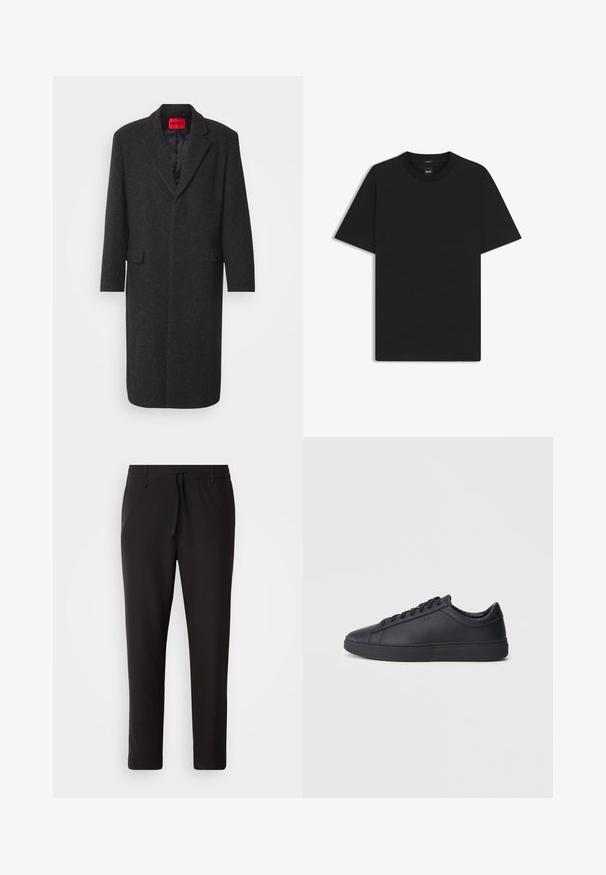 Black wool blend coat with a tailored silhouette, notched lapels, two front pockets, and a glossy interior lining. Brand label visible.; Black short-sleeve T-shirt made from a smooth cotton blend, featuring a crew neckline and a minimalistic design with no patterns or accents.; Black jogger pants made of smooth fabric. Feature an elastic waistband with a drawstring, tapered legs, and no visible pockets. Simple design.; Black sneakers made of smooth leather with a low-top design, round toe, and flat rubber sole. Features laces and subtle branding.