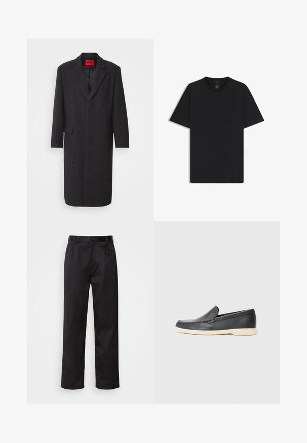 Sort uldblandingsfrakke med en skræddersyet silhuet, spidse revers, to forlommer og en blank inderside. Mærkets label synlig.; Sort kortærmet T-shirt lavet af en glat bomuldsblanding, med en rund halsudskæring og et minimalistisk design uden mønstre eller accenter.; Sorte bukser lavet af glat stof, med frontknaplukning, pressefolder og lige ben. Ingen synlige mønstre eller accenter.; Sorte læder slip-on loafers med en struktureret overflade og en kontrasterende beige gummisål. Har en subtil detalje langs forsiden.