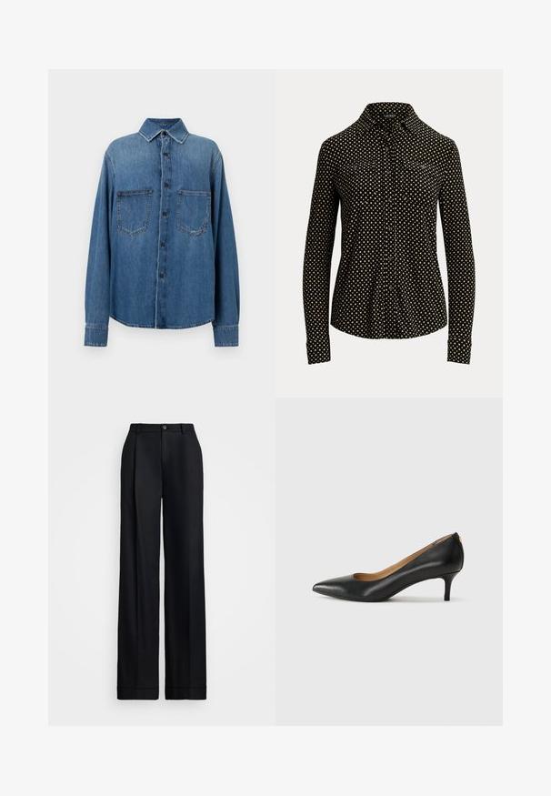 Denim shirt in medium blue with a classic collar, front button closure, two chest pockets, and long sleeves with button cuffs.; Black button-up shirt with white square pattern, long sleeves, collar, and two front pockets, made from a soft fabric.; Black wide-leg trousers featuring a smooth finish, flat front, belt loops, and a single button closure at the waist.; Black leather pump with a pointed toe, low heel, and a smooth texture. Features a slight opening at the front and minimal hardware at the back.