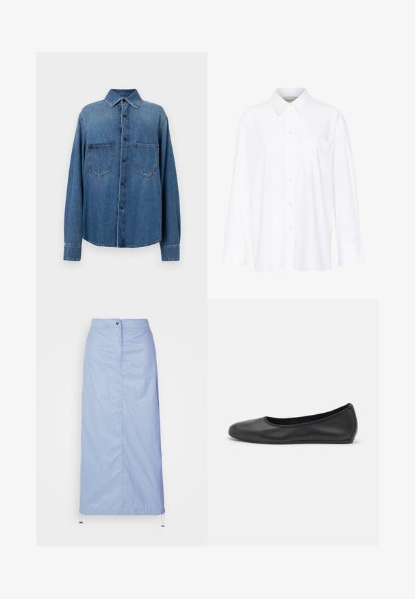 Cămașă din denim de culoare albastru mediu cu guler clasic, închidere cu nasturi în față, două buzunare la piept și mâneci lungi cu manșete cu nasturi.; Cămașă albă cu mânecă lungă și guler, fabricată din bumbac. Are un închidere cu băta pe față și un singur buzunar pe piept. Textură netedă, croială lejeră.; Fustă bleu deschis, de lungime medie, confecționată dintr-un material fin și ușor, cu o croială dreaptă, având o închidere frontală cu nasturi și tiv cu șnur.; Balerini din piele neagră, cu vârf rotund, textură netedă, detalii de cusătură minimale și un design al tălpii flexibil.