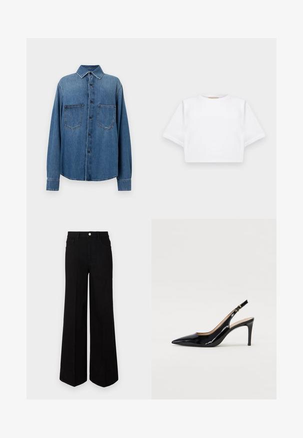 Denim marškiniai vidutinio mėlynumo, su klasikiniu krprintlnloru, priekiniais mygtukais, dviem krūtininiais kišenėmis ir ilgomis rankovėmis su mygtukais.; Trumpas baltas marškinėliai iš minkštos medžiagos, su trumpomis rankovėmis, apvaliu iškirpimu ir raukšlėtais hemų detalėmis. Paprastas ir be puošmenų dizainas.; Juodi plačiakojai džinsai, pagaminti iš tvirto audinio, su aukštu juosmeniu, priekinėmis kišenėmis ir priekiniais mygtukais. Lygus hem pastatytoje apačioje.; Juodas lakinės odos slingback batelis su smailiu nosiu, plonu kulnu ir subtiliu išpjovos dizainu. Yra auksinė sagtis ant dirželio.