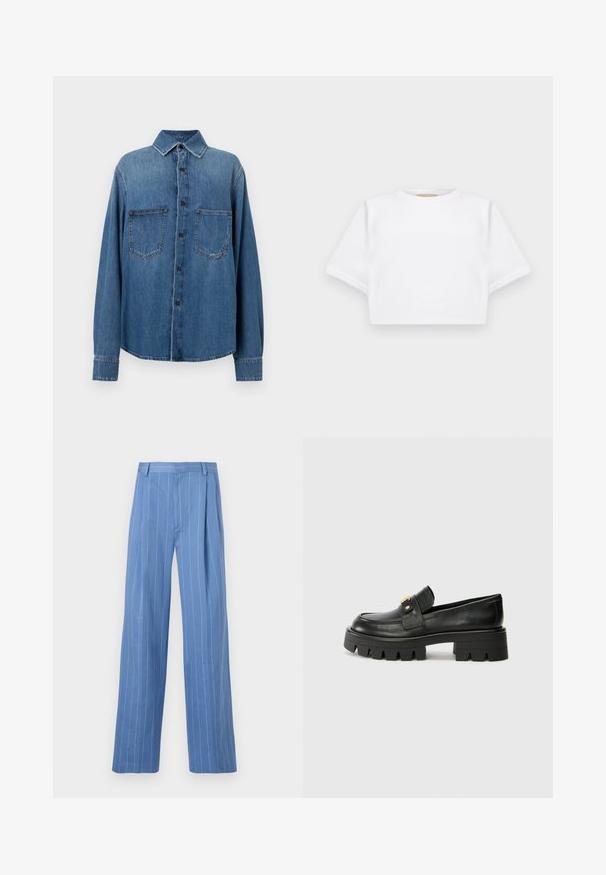 Jeansová košeľa v stredne modrej farbe s klasickým golierom, predným zapínaním na gombíky, dvomi náprsními vreckami a dlhými rukávmi so zapínaním na gombíky.; Strihnuté biele tričko vyrobené z mäkkej látky, s krátkymi rukávmi, okrúhlym výstrihom a rebrovanými detailmi na lemovaní. Jednoduchý a nezdobený dizajn.; Svetlomodré široké nohavice s vertikálnymi bielymi pruhmi. Vyrobené z hladkého materiálu, s predným záhybom a jednoduchým dizajnom pásu.; Čierne kožené mokasíny s masívnou podrážkou, s akcentom v zlatej farbe na prednej strane a hladkým povrchom. Na podrážke je výrazný dezén.