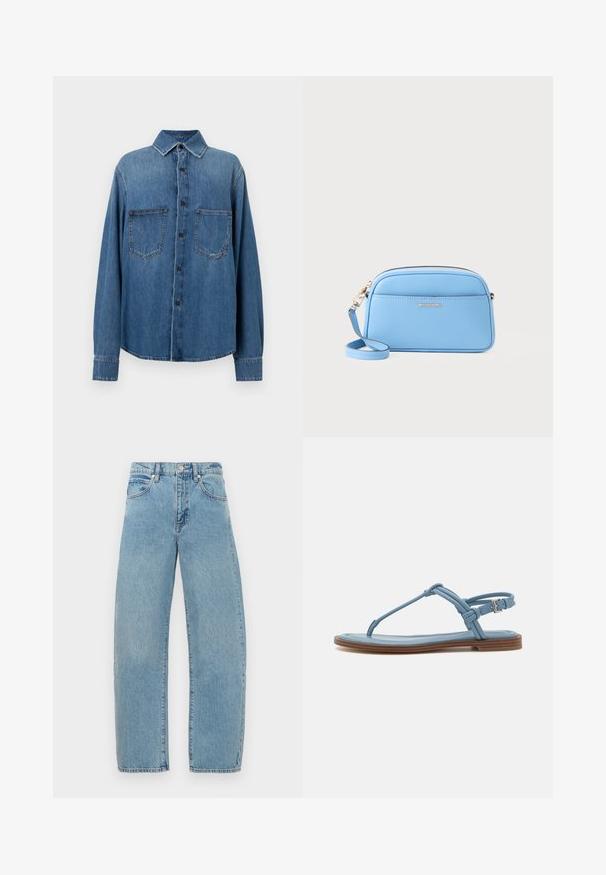 Keskmise sinise tooni denimist särk klassikalise kraega, ees nööpide sulgemisega, kahe rinnataskuga ja pika varruku ning nööpide mansettidega.; FRAME BABY TEE - Lihtne T-särk - white; Heled sinised otsejooned teksad, mis on valmistatud denimist ja on varustatud klassikalise viie taskuga disainiga ning tugeva vöökoha ja metallist nupuga kinnitusega.; Sinine nahast sõrmsandaal, millel on lame tall ja õhuke rihmastruktuur, ning ankle-luku tõmblukk, mis tagab kindla sobivuse.; Hele sinine nahast ristiõlakott kuldse viimistlusega, tõmblukk, ja eesmine tasku. Omab reguleeritavat rihma mugavuse tagamiseks.