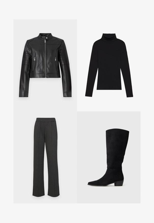 Casaco cropped de pele preta com gola alta, fecho com zíper à frente, e detalhes de costura horizontal nas mangas. Apresenta dois bolsos com zíper.; Top de gola alta de manga longa, preto, feito de tecido canelado, apresenta um design justo com um decote elevado e sem padrões ou detalhes.; Calças retas pretas com uma cintura elástica, pregas frontais, tecido macio e sem padrões ou detalhes em metal visíveis.; Bota de camurça preta até ao joelho com tacão baixo e bico pontiagudo, apresentada em vista lateral sobre um fundo cinza claro liso.