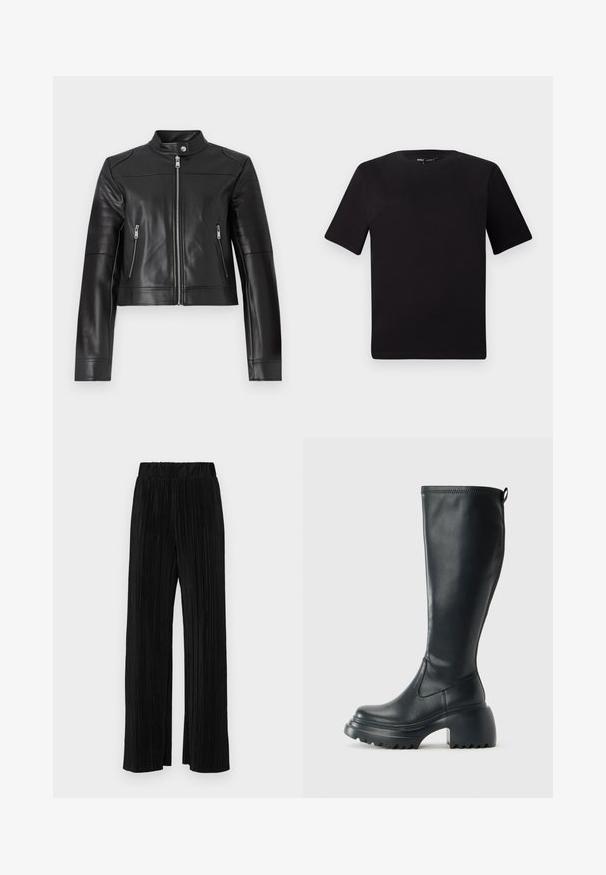 Melnas ādas cropped jaka ar augstu apkakli, priekšā ar rāvējslēdzēju un horizontāliem šuvju akcentiem uz piedurknēm. Aprīkota ar divām rāvējslēdzēju kabatām.; Melnas īsām piedurknēm T-krekls ar apaļu kakla izgriezumu, izgatavots no mīksta kokvilnas auduma. Vienkāršs dizains, bez redzamām logo vai rakstiem.; Melni plīšu bikses ar elastīgu jostu. Tām ir platākas kājas un gluda, teksturēta auduma ar vertikālām svītrām.; Augstas melnas ādas zābakus ar masīvu platformu un bloka papēdi, ar vilkšanas cilpu un strukturētu profilu uz ārējā zoles.