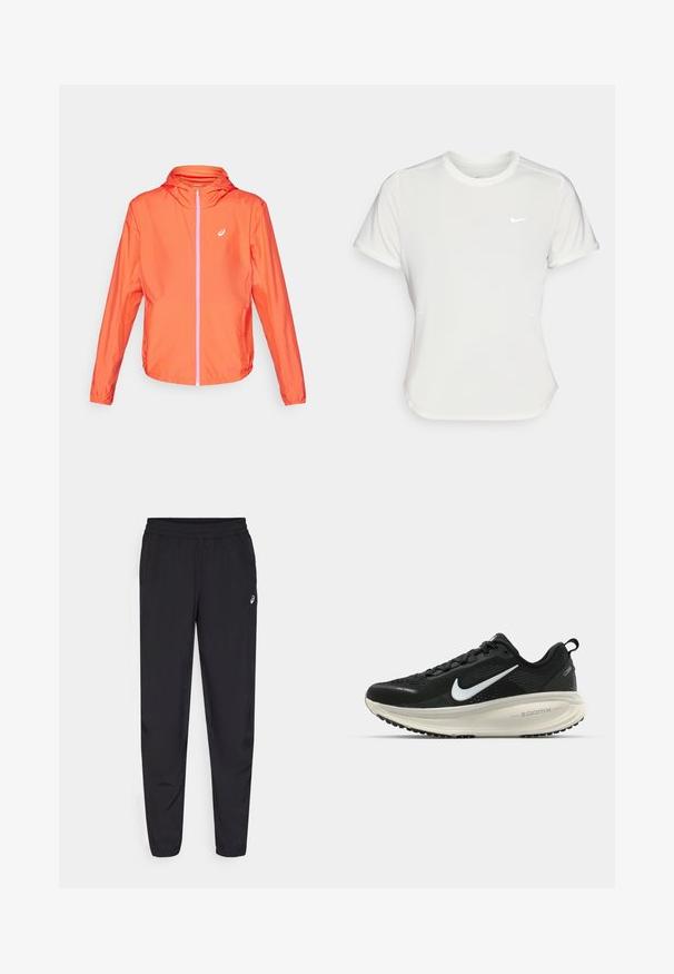 Jaquetão laranja leve com capuz, fecho éclair completo, detalhe do fecho éclair em rosa contrastante e punhos elásticos. Material liso e resistente à água.; T-shirt da Nike em branco, mangas curtas, decote redondo, feito de um tecido liso e leve. Apresenta um logo discreto no peito.; Calças desportivas pretas com um cós elástico, pernas ajustadas com punhos, feitas de um material leve e suave, e um pequeno logotipo na coxa.; Sapatilha de corrida Nike preta com parte superior de malha respirável, logotipo Swoosh branco, detalhes texturizados e uma entressola ZoomX na cor creme.