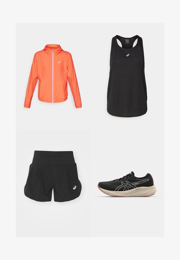 Leichte orangefarbene Jacke mit Kapuze, durchgehendem Reißverschluss, kontrastierenden pinken Reißverschlussdetails und elastischen Bündchen. Glattes, wasserabweisendes Material.; Schwarzes sportliches Tanktop aus leichtem Material. Mit rundem Halsausschnitt, Racerback-Design und kleinem weißen Logo auf der Vorderseite.; Schwarze Sportshorts mit einem breiten Bund, plissiertem Design und einem kleinen weißen Logoakzent auf der unteren linken Seite. Weiches, leichtes Material.; Schwarzer Sportschuh mit einem Obermaterial aus Mesh und weißen Akzenten. Verfügt über eine gepolsterte Mittelsohle und ein rotes Außensohlen-Detail. Leichtes Design.