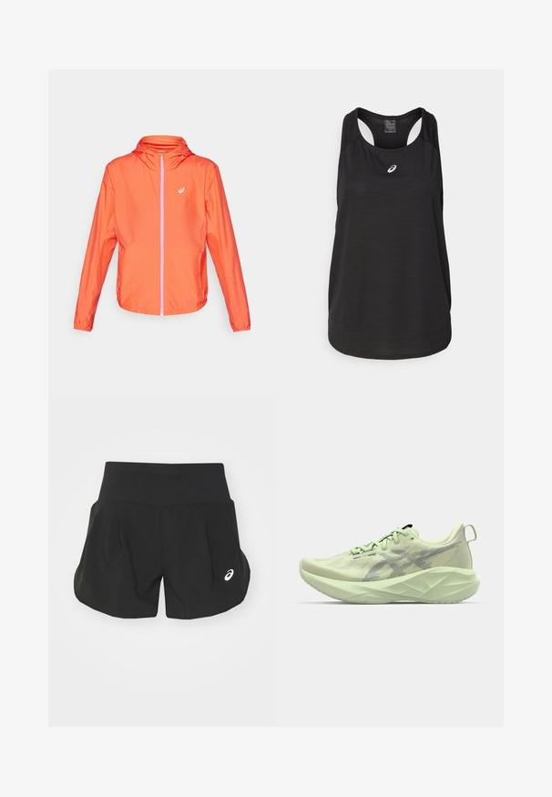 Jaquetão laranja leve com capuz, fecho éclair completo, detalhe do fecho éclair em rosa contrastante e punhos elásticos. Material liso e resistente à água.; Camisola de treino preta feita de tecido leve. Apresenta um decote redondo, design de alças cruzadas e um pequeno logótipo branco na frente.; Calças de desporto pretas com uma cintura larga, design pregueado e um pequeno logótipo branco no canto inferior esquerdo. Material macio e leve.; Sapato atlético verde claro com parte superior em malha, detalhes texturizados e uma sola espessa e angular para maior amortecimento e suporte.