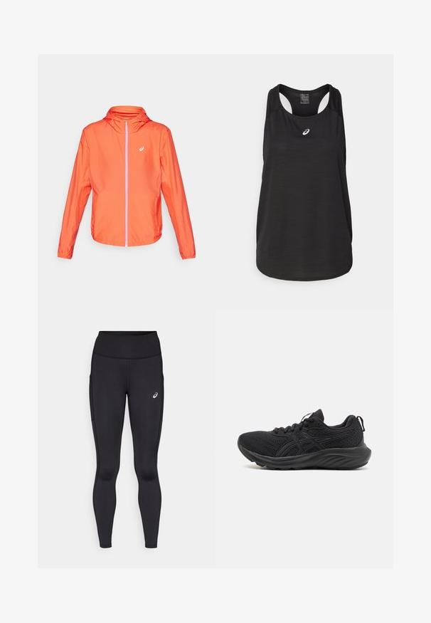 Giacca leggera arancione con cappuccio, zip full, dettagli in zip rosa a contrasto e polsini elastici. Materiale liscio e resistente all'acqua.; Canotta atletica nera realizzata in tessuto leggero. Presenta un colletto rotondo, un design con schiena a racer e un piccolo logo bianco sulla parte anteriore.; Leggings neri con vita alta, realizzati in materiale morbido ed elasticizzato. Presentano un logo discreto sulla coscia e tasche laterali.; Scarpe sportive nere con tomaia in mesh traspirante, suola strutturata, punta rotonda e superficie testurizzata. Presentano lacci neri e dettagli del logo.