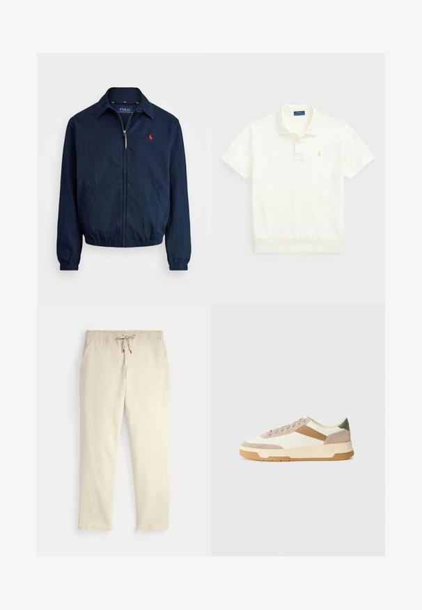 Marineblå jakke laget av lett materiale, med frontglidelås, elastiske mansjetter og side lommer. Liten rød logo på brystet.; Polo Ralph Lauren LOOPBACK FLEECE POLO-COLLAR SWEATSHIRT - Poloskjorter - clubhouse cream; Off-white kosebukser med elastisk midje og snor, rette ben og sidelommer mot en ensfarget bakgrunn.; Sneakers i beige, krem og oliven grønn, med semsket skinn og lærmaterialer, rund tå, minimalistisk design og gummisåle.