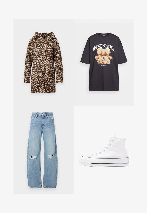 Leopard print coat with a pointed collar, long sleeves, and an open front design. Made of a textured fabric in shades of brown and black.; Black oversized t-shirt featuring a graphic of a bear with the text “NOT CUTE BUT WILD” in bold, white lettering. Cotton material.; Light blue, high-waisted jeans made of denim. Feature wide legs, two torn knee areas, and classic five-pocket styling.; White high-top canvas sneaker with black rubber sole, front rubber toe cap, and six eyelets for laces, featuring a clean, minimalist design.