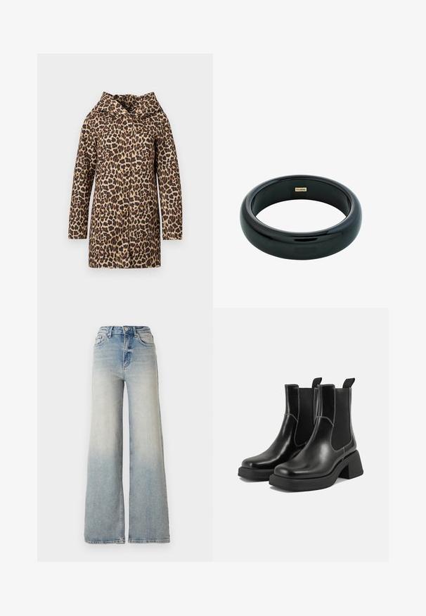 Leopardi mustriga mantel, mille krae, pikad varrukad ja avatud esikülg. Valmistatud tekstuursest kangast pruunides ja mustades toonides.; Kaksik Eri pikkusega valge ja musta värvi pikkade varrukatega topsi. Ribikstruktuur, ümar kaelus, lihav disain, veidi laienevate varrukatega.; Heledad sinine laia säärega teksapüksid, mis on valmistatud denimist, kõrge vöökoht, viis taskut ja nähtav õmblemine õmbluste ääres.; Must musta Chelsea saapad, millel on paks konts, elastsed külgpaneelid ja kontrastne valge õmblus. Tekstuuriga viimistlus.; Must maagussõrmus mustast vaigust, mille pind on sile ja läikiv ning servad ümarad. Sisel küljel on väike kullavärvi "Pilgrim" logo.