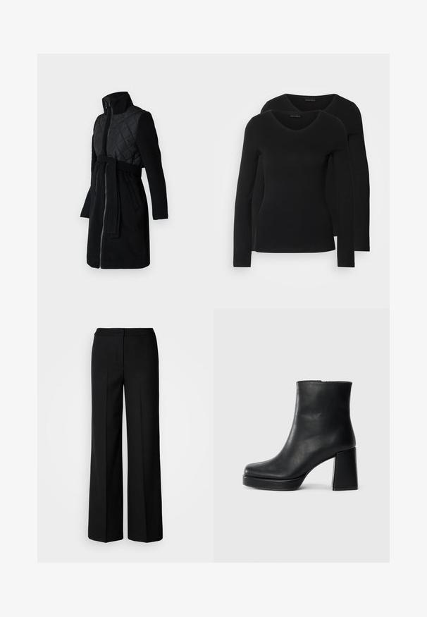 Juodas paltas su siūtu viršutiniu sluoksniu, ilgomis rankovėmis, aukštu apykakle ir atitinkamu diržu, su lygiu, tekstūruotu paviršiumi.; Du į juodas ilgomis rankovėmis marškiniai su V formos iškirpte, pagaminti iš minkštos, tamprios medžiagos, rodantys lygią tekstūrą ir prigludusią formą.; Juodos plačios kojų kelnės su lygia medžiaga, pasižyminčios aukštu liemeniu, pritaikytais siūlėmis ir minimalistiniu dizainu. Nėra matomų metalo detalių ar kišenių.; Juodas odinis kulkšninis botas su bloku ir platformos padu, matomas šoniniu vaizdu ant balto fono.