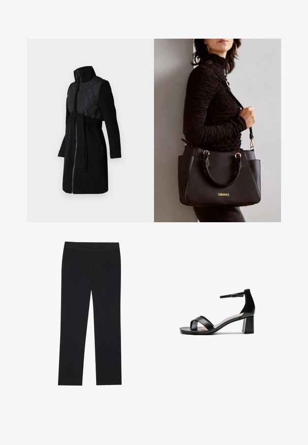 Musta takki, jossa on tikattu yläosa, pitkät hihat, korkea kaulus ja yhteensopiva vyö, sekä sileä, teksturoitu pinta.; Kaksi pitkähihainen paitaa, yksi musta ja yksi valkoinen, molemmat neliönmallisella kaula-aukolla ja pehmeästä, joustavasta kankaasta valmistettu.; Mustat housut suoranlahkeisella muotoilulla, joissa on sivutaskut ja sileä kangas. Vähäisellä yksityiskohdalla, siisti vyötärö.; Musta avotossu, jossa on ristikkäiset hihnat, säädettävä nilkkaremmi ja paksu korko, painottuen sileään nahkatextuuriin.; Musta käsilaukku, jossa on teksturoitu pinta, kaksi yläkantta ja säädettävä olkahihna. Varustettu kultasävyisillä varusteilla ja sivutaskuilla.