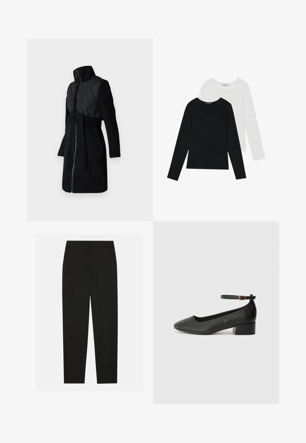 Fekete kabát, amelynek steppelt felső része, hosszú ujja, magas gallérja, és hozzáillő öve van, sima, texturált felülettel.; Két hosszú ujjú felső, az egyik fekete, a másik fehér, mindkettő négyzet alakú nyakkivágással rendelkezik, és puha, rugalmas anyagból készült.; Fekete nadrág testreszabott kialakítással, oldalsó zsebekkel és egyenes lábbal. Simább, könnyű szövetből készült, elegáns felülettel.; Fekete bőr magassarkú cipő hegyes orral és alacsony tömb sarkal. Bokapánttal rendelkezik, aranyszínű csattal. Simább textúra.