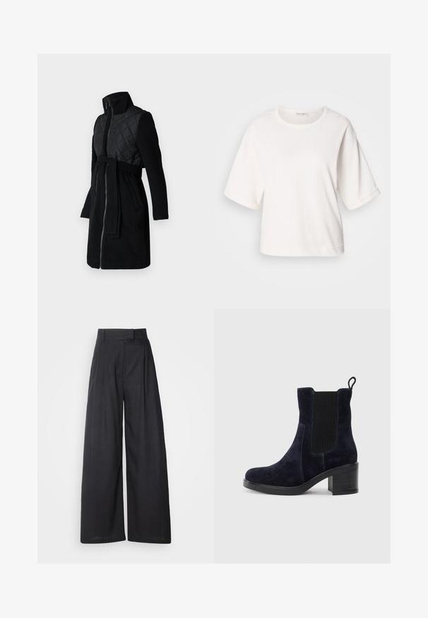 Černý kabát s prošívanou horní částí, dlouhými rukávy, vysokým límcem a odpovídajícím opaskem, s hladkým, texturovaným povrchem.; Bílý bavlněný tričko s uvolněným střihem, krátkými ohrnutými rukávy, kulatým výstřihem a hladkou texturou. Jednoduchý, minimalistický design.; Tmavé široké kalhoty s pevným pasem a záhyby. Vyrobeno z lehkého materiálu, s hladkým povrchem a bez viditelných vzorů.; Námorně modré semišové kotníkové boty s elastickým bočním panelem, kulatou špičkou a blokovým podpatkem. Texturovaná tkanina a hladká podrážka vytvářejí kontrast.
