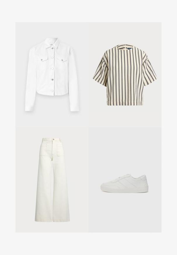 Balti džinsinis švarkas su apykakle, ilgomis rankovėmis, dviem krūtinės kišenėmis ir sidabro spalvos mygtukais, pasižymintis prigludusia forma ir lygia tekstūra.; Kreminės ir tamsiai mėlynos juostelės trumpų rankovių marškinėliai, turi apvalų iškirpimą ir dėžutės tipo dizainą, pagaminti iš tekstūruotos medžiagos.; Plati kojinės džinsai of white denimo. Aukštas liemuo, su mygtuko uždarymu, dviem priekinėmis kišenėmis ir kontrastingai siuvinėjimu.; Baltos odinės sportinės bateliai su plokščiomis raišteliais, apvaliu nosiu ir subtiliomis siuvinėjimo detalėmis. Turi tekstūruotą pado paviršių ir iškilų prekės ženklą ant kulno.