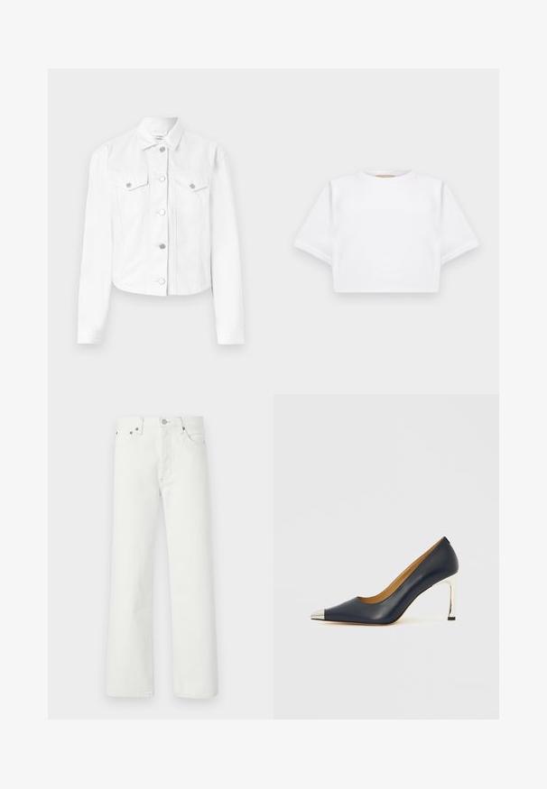 White denim jacket with a collar, long sleeves, front button closure, and two chest pockets. Features silver-tone buttons and stitched detailing.; Cropped white t-shirt made of soft fabric, featuring short sleeves, a round neckline, and ribbed hem details. Simple and unembellished design.; White denim jeans featuring a straight-leg cut, five-pocket design, and metal hardware accents on the waistband and pockets.; Navy leather high heel shoe with a pointed toe, featuring a silver metallic cap and a shiny silver stiletto heel.