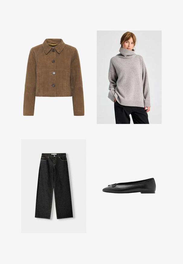 Brown suede cropped jacket with a collar, featuring three large buttons, two front pockets, and a smooth texture.; Woman with light brown hair wearing a loose gray turtleneck sweater and black pants, standing against a plain light background.; Black denim wide-leg jeans featuring five pockets, metal button and zipper closure, and contrasting yellow stitching along the seams.; Black leather ballet flats featuring a rounded toe, slim silhouette, and a decorative bow on the front. Low, rectangular heel.