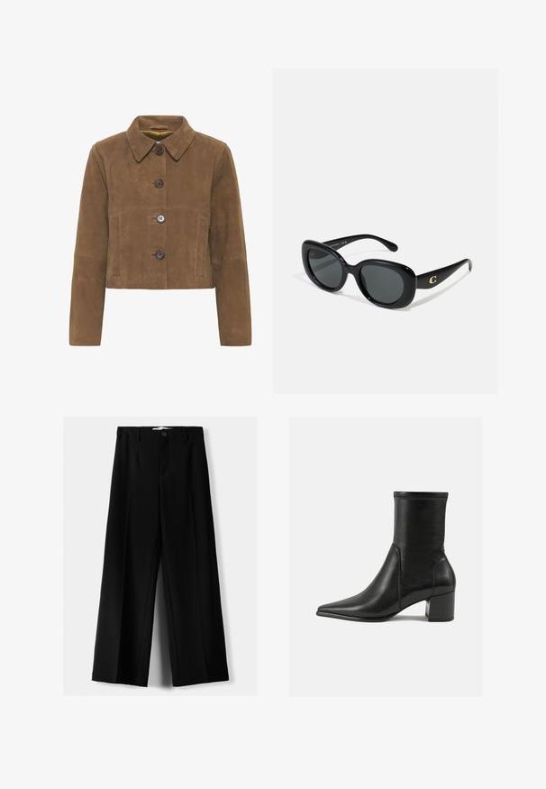 Braune Wildleder-Cropped-Jacke mit einem Kragen, ausgestattet mit drei großen Knöpfen, zwei Fronttaschen und einer glatten Textur.; Beige geripptes Rollkragenpullover mit langen Ärmeln und taillierter Passform, featuring einen hohen Kragen und ein strukturiertes Strickmuster.; Schwarze weite Hosen aus leichtem Stoff, mit einem Knopfverschluss vorne und flachem Bund, mit sorgfältig genähten Säumen.; Schwarze Knöchelstiefel aus glattem Leder, mit spitzem Zehenbereich, einem Blockabsatz und markanten, raised stitching am oberen Rand.; Schwarze Sonnenbrille mit runden Gläsern, glanzvollem Kunststoffrahmen und einem goldenen Logoakzent an den Schläfen. Die dunklen Gläser bieten UV-Schutz.