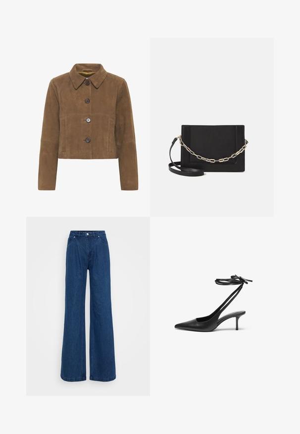 Braune Wildleder-Cropped-Jacke mit einem Kragen, ausgestattet mit drei großen Knöpfen, zwei Fronttaschen und einer glatten Textur.; Weißes T-Shirt mit kurzen Ärmeln und Rundhalsausschnitt. Hergestellt aus weichem Stoff, verfügt es über eine lockere Passform und dezente Stickdetails.; Weite blaue Jeans mit hoher Taille, vorderem Knopf- und Reißverschlussverschluss sowie Vorder- und Hintertaschen vor einem schlichten Hintergrund.; Schwarzer Leder-Stiletto mit spitzem Zehenbereich, offenem Fersenbereich und mit einer Schleife gebundenen Knöchelriemen. Schlanker 3-Zoll-Absatz. Glatte Textur, minimalistisches Design.; Schwarze Leder-Crossbody-Tasche mit glatter Textur, rechteckiger Form und metallic-kettendetail auf der Vorderseite. Verstellbarer Gurt inklusive.