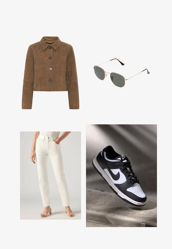 Brązowa zamszowa kurtka typu cropped z kołnierzem, z trzema dużymi guzikami, dwoma przednimi kieszeniami i gładką fakturą.; Biała koszulka z krótkim rękawem wykonana z miękkiej bawełny, o okrągłym dekolcie i raglanowych rękawach, charakteryzująca się luźnym, prostym krojem bez wzorów.; Białe, wysokie dżinsy o prostym kroju, z przednimi kieszeniami, z zapięciem na guzik i gładką teksturą denimu. Noszone z jasnymi sandałami.; Czarno-białe sneakersy Nike Dunk Low z cholewką skórzaną, perforowanym noskiem i czarnymi sznurowadłami, z białą podeszwą i akcentami logo.; Złote okulary przeciwsłoneczne w stylu aviatora z ciemnozielonymi soczewkami, z wąskimi ramionami i akcentami w panterkę na końcach.; Czarna torebka z pikowanej skóry z łańcuszkowym paskiem, ozdobiona dekoracyjnym charms. Miękka faktura, zarysowana forma i luźna sylwetka.