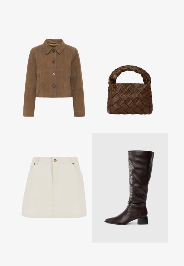 Ruskea mokkanahasta valmistettu lyhyt takki, jossa on kaulus, kolme suurta nappia, kaksi etutaskua ja sileä pinta.; Olkapäältä avattava, pitkähihainen toppi tummanruskeasta ribbikankaasta. Ominaisuuksiin kuuluvat leveä kaula-aukko ja vartalonmyötäinen siluetti. Teksturoitu, pehmeä materiaali.; Vaaleanbeige farkkuinen minisati, jossa on korkea vyötärö, kaksi etutaskua ja pronssiset nappikoristeet. Sujuva pinta ja yksinkertainen muotoilu.; Pitkät tummanruskeat nahkasaappaat, joissa on terävä kärki, pieni solkiremmi nilkassa ja matala lohko korko valkoisella taustalla.; Ruskea punottu nahkalaukku, jossa on letitetty kahva, suorakulmainen muoto, teksturoitu pinta ja saumatonta rakennetta.
