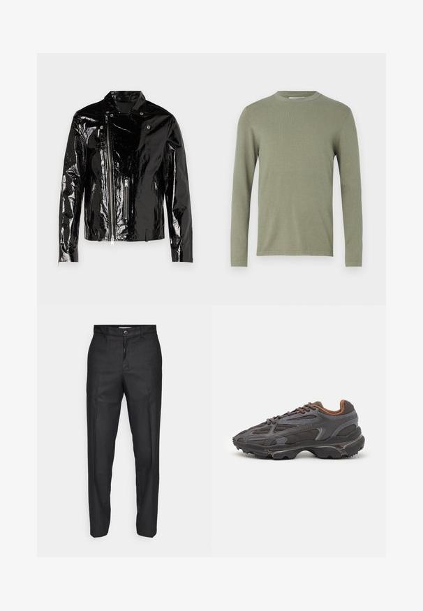Sort patenteret læder bikerjakke med en klapkrave, asymmetrisk frontlynlås og to lynlåslommer. Glat, blank finish.; Langærmet pullover i olivengrøn, lavet af blødt strikmateriale. Har en rund halsudskæring og ribbede manchetter, med en glat overflade hele vejen igennem.; Sorte bukser lavet af et glat stof, med en frontlukning med knap, lige ben og uden synlige lommer eller mønstre.; Lacoste sneakers i mørkegrå med mesh og syntetisk materiale, udstyret med en tekstureret sål og brune accenter på kraven og brandingen.