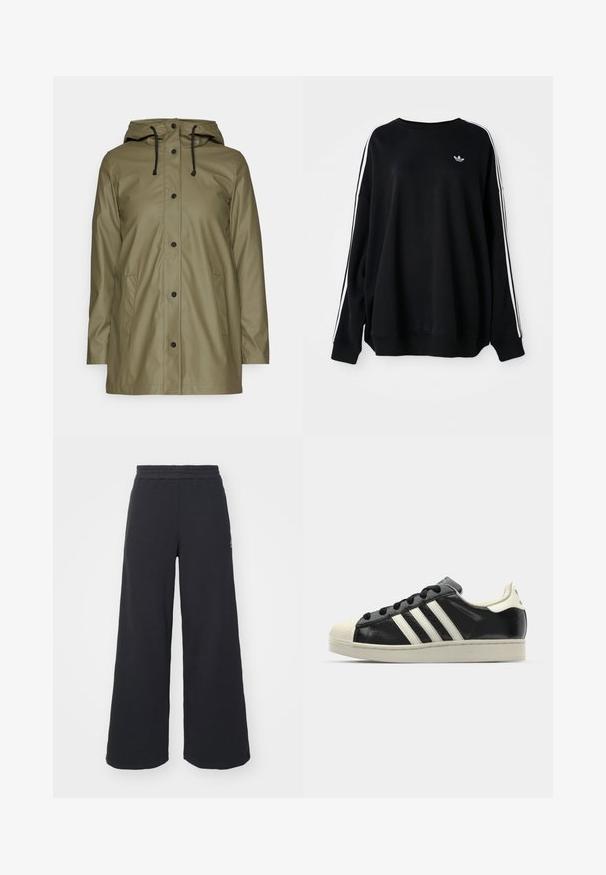 Vihreä vetämätön takki, jossa on huppu, mustat nyörit, napit ja kaksi sivutaskua; sileä, kiiltävä pinta.; Mustahdud must hoodie mwelek mwekweli, yenye mistari meupe kwenye mikono na nembo ndogo kwenye kifua. Mduara wa shingo.; Mustat leveät collegehousut, jotka on valmistettu pehmeästä kankaasta. Niissä on elastinen vyötärö ja pieni logo vasemmalla puolella.; Musta nahkasneakeri, jossa on valkoiset raidat, kuminen varvassuoja, mustat nauhat ja kermaisa ulkopohja. Suora pinta ja kiiltävä viimeistely.