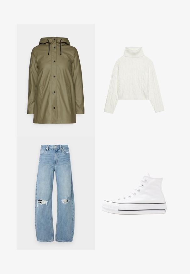 Olijfgroene waterdichte jas met capuchon, zwarte koordjes, drukknoopsluiting en twee zijzakken; gladde, glanzende textuur.; Witte kabelgebreide coltrui met een cropped silhouet, voorzien van geribbelde manchetten en zoom. Zachte textuur met een gezellige, stevige uitstraling.; Lichtblauwe, hooggeritste jeans van denim. Beschikken over wijde pijpen, twee gescheurde knievalken en klassieke vijfzakken styling.; Witte high-top canvas sneakers met een zwarte rubberen zool, een rubberen neuskap aan de voorkant en zes gaatjes voor veters, met een schone, minimalistische uitstraling.
