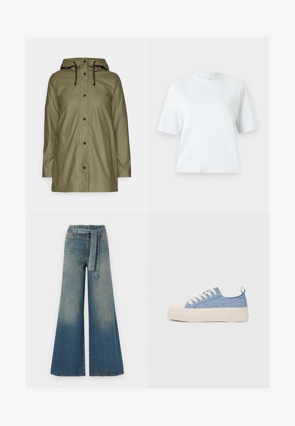 Jachetă impermeabilă verde măslin, cu glugă, șnururi negre, capse și două buzunare laterale; textură netedă și lucioasă.; Tricou scurt cu mânecă, de culoare bleu deschis, fabricat din bumbac moale. Are un decolteu clasic rotund și o croială lejeră, fără modele sau accente.; Pantaloni din denim largi, cu un gradient de la albastru deschis la albastru închis, talie înaltă, bucle pentru curea și o curea din același material. Finisaj texturat din denim.; Sneakers din pânză de culoare albastru deschis, cu vârf și talon din cauciuc crem, având șireturi albe și un maner pe călcâi.