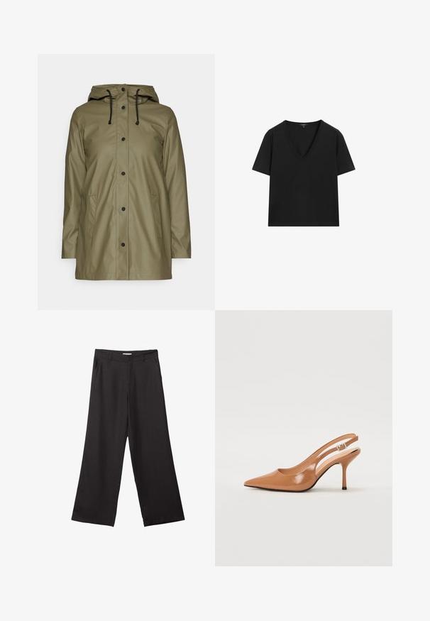 Giacca impermeabile verde oliva con cappuccio, lacci neri, bottoni a pressione e due tasche laterali; texture liscia e lucida.; Maglietta nera a maniche corte con scollo a V, dal design semplice e aderente, su sfondo bianco.; Pantaloni neri a gamba larga realizzati in tessuto liscio, con zip frontale e due tasche laterali, dal taglio sartoriale e design minimalista.; Tacco slingback a punta affusolata in un materiale tan liscio e lucido. Presenta un design con ritaglio curvo e un sottile tacco a stiletto. Dettaglio con fibbia argentata.