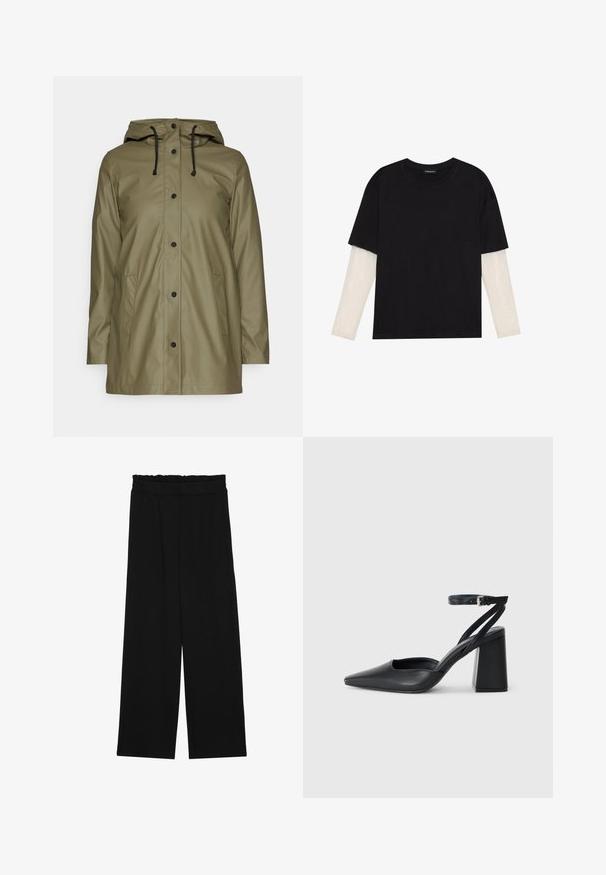 Giacca impermeabile verde oliva con cappuccio, lacci neri, bottoni a pressione e due tasche laterali; texture liscia e lucida.; T-shirt nera in cotone con maniche corte sopra un sotto manica lunga bianca, caratterizzata da una sottile texture. Design con scollo rotondo.; Pantaloni neri a gamba larga con cintura arricciata, dotati di due tasche laterali e un tessuto liscio e leggero. Nessun motivo visibile o parti metalliche.; Pump in pelle nera con punta affusolata, cinturino alla caviglia e tacco spesso. Texture piatta, design elegante ed estetica minimalista.
