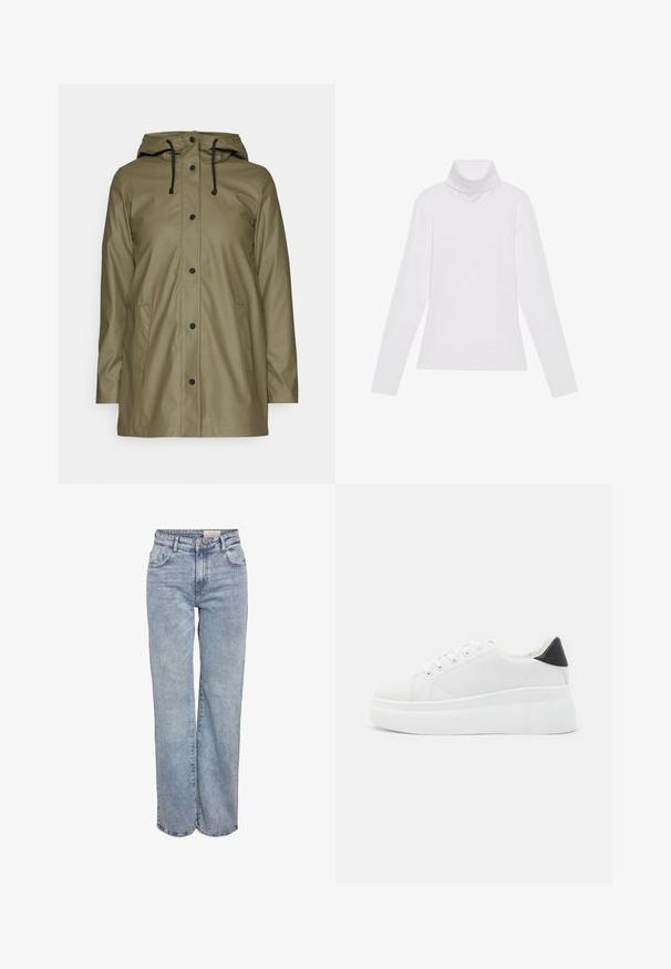Casaco impermeável verde-azeitona com capuz, cordões pretos, botões de pressão e dois bolsos laterais; textura lisa e brilhante.; Camisola de gola alta de mangas longas, feita de um tecido liso e elástico. Apresenta um colarinho alto e um design ajustado, sem padrões ou adornos visíveis.; Jeans de perna larga em azul-claro, feitos de denim, com cintura alta, design de cinco bolsos e um desvanecimento sutil para um aspeto usado.; Tênis plataforma brancos feitos de material sintético suave, apresentando ponta arredondada, design com cadarços e sola de borracha texturizada. Acento preto no calcanhar.