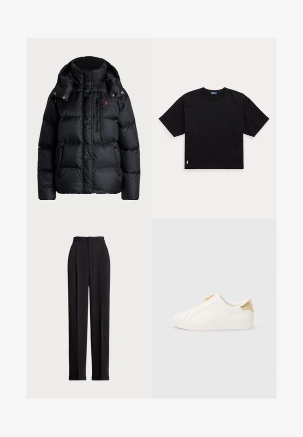 Casaco acolchoado preto com gola alta, capuz removível, fecho à frente, costuras horizontais e um logótipo vermelho no lado superior esquerdo.; Camiseta preta de algodão com mangas curtas, decote redondo e um pequeno logótipo branco na parte inferior esquerda. Ajuste clássico e descontraído, com detalhes mínimos.; Calças pretas ajustadas com uma cintura alta, apresentando pregas na frente, um design de perna reta e bainha com punho. Feitas de tecido suave.; Tênis brancos tipo slip-on feitos em couro liso, com um fecho dourado e um detalhe próximo ao calcanhar com acabamento texturizado e logótipo gravado na lateral.