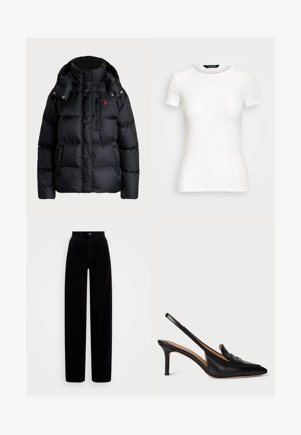 Černá péřová bunda s vysokým límcem, odnímatelnou kapucí, předním zipem, horizontálními švy a červeným logem v levém horním rohu.; Bílý bavlněný tričko s krátkými rukávy, kulatým výstřihem, přiléhavým střihem a hladkým povrchem. Logo nášivka na výstřihu.; Černé kordové kalhoty s vysokým pasem, širokým nohavicovým střihem a jediným zapínáním na přední knoflík. Hladký povrch s vertikálním žebrováním.; Černé kožené slingback lodičky s špičatou špičkou, nízkým podpatkem a dekoračním páskem přes nárt. Hladká textura a minimalistický design.
