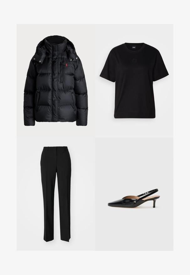Crna puf jakna s visokim ovratnikom, odvojivom kapuljačom, prednjim patentnim zatvaračem, horizontalnim šavovima i crvenim logotipom na gornjoj lijevoj strani.; Crna pamučna majica s okruglim izrezom, kratkim rukavima i izvezenim logotipom na prsima. Jednostavan, opušten kroj bez uzorka.; Crne krojene hlače ravnog kroja, s glatkom teksturom i oštrim pregibima naprijed. Bez vidljivih metalnih dijelova.; Crne lakirane kožne cipele na petu s izrezom, šiljastog vrha i malom petom. Zlatni detalj s jedne strane.
