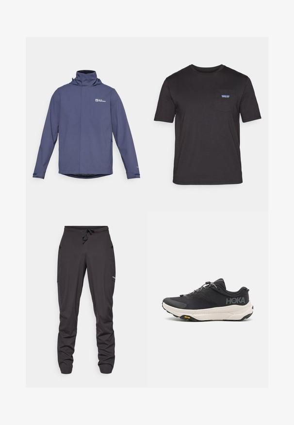 Tamsiai mėlyna vandeniui atspari striukė su aukštu apykakle, reguliuojamu gobtuvu ir logotipu. Yra ilgos rankovės ir tiesus kirpimas, užtikrinantis komfortą.; Juodas trumpo rankovės marškinėliai, pagaminti iš medvilnės, su krūtinės kišene ir mėlynu Patagonia logotipu kairėje pusėje.; Juodos sportinės kelnės su raišteliu, šoninėmis kišenėmis, šiek tiek raukšlėta medžiaga ir maža matoma logotipas dešinėje šlaunyje.; Juodos sportinės bateliai su tekstūruota viršutine dalimi, pilkų akcentų, atspindinčiomis detalėmis ir storu baltu padu su Vibram prekės ženklu.