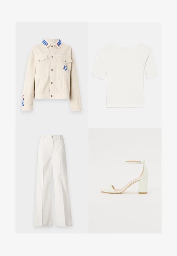 Casaco de veludo cotelê creme com comprimento cropped, colarinho listrado em azul e vermelho, detalhes bordados, dois bolsos frontais e botões de pressão prateados.; Top branco de malha com mangas curtas e decote largo. A textura apresenta riscas verticais, realçando um ajuste justo e um design simples.; Calças largas brancas feitas de algodão com uma textura suave. Apresenta um botão frontal, fecho de correr e um design de quatro bolsos.; Sandal de bloco em pele branca, apresentando uma correia no tornozelo com fivela e um design minimalista. Com biqueira aberta e texturas suaves ao longo de toda a peça.