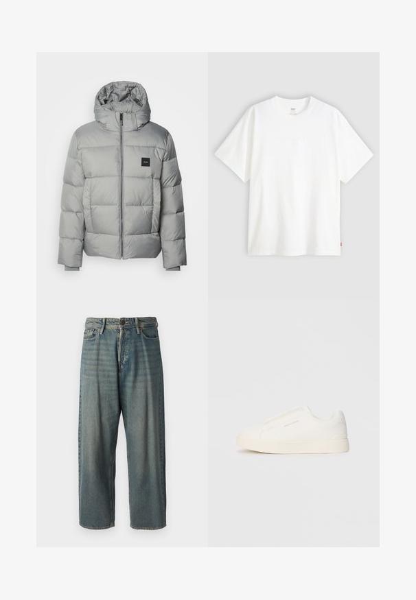 Grå puffjakke med hette, med glidelås, quiltet design og en liten svart logo-patch på venstre bryst. Glatt tekstur.; Hvit t-skjorte med korte ermer laget av bomull, med rund hals. Har diskret preget logo detalj foran og en rød etikett på kanten.; Lyseblå denimjeans med løs passform, midjehøyde og rette ben. Har fem lommer, beltehemper og knappelukking.; Hvite slip-on joggesko med teksturert overflate, tykk såle og minimalistisk design. Har merkevarelogo på siden.