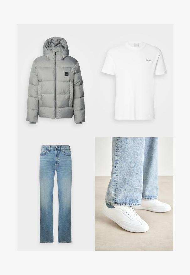 Grå puffjakke med hette, med glidelås, quiltet design og en liten svart logo-patch på venstre bryst. Glatt tekstur.; Hvit bomulls T-skjorte med korte ermer og rund hals. Har en liten svart "Calvin Klein" logo på venstre bryst.; Lys blå denimjeans med rett ben, femlommers design og en falmet finish. Har knappelukking og beltehemper.; Hvite sneakers med glatt materiale, snøring, teksturert gummisåle, og en teal akcent ved hælen, kombinert med lyseblå jeans.