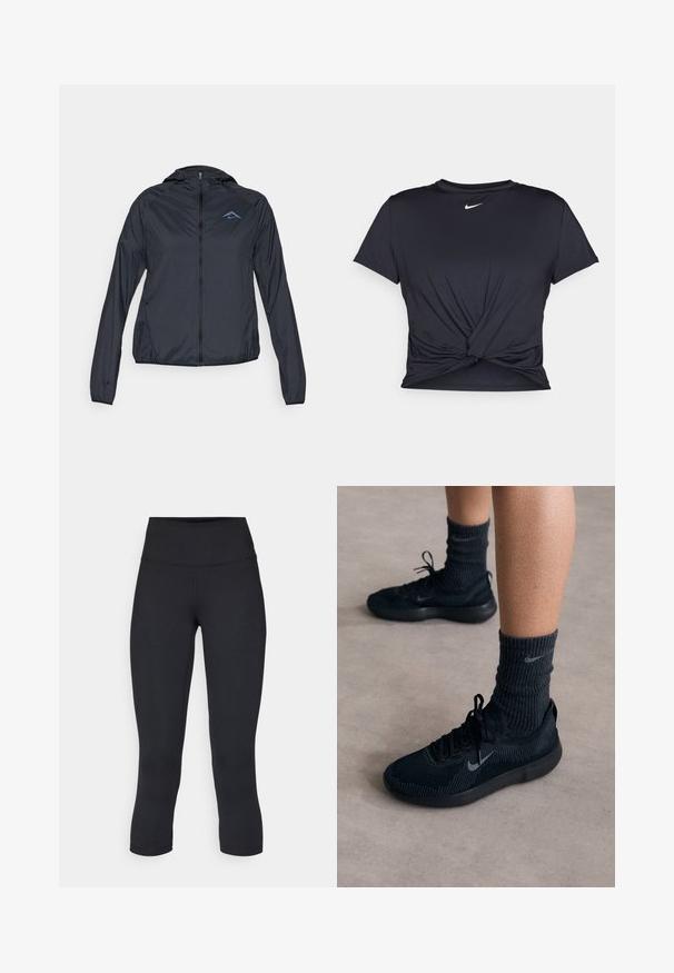 Lekka, granatowa kurtka przeciwwiatrowa z pełnym zamkiem błyskawicznym, kapturem i logo na górnej lewej części klatki piersiowej. Gładki, wodoodporny materiał.; Czarna sportowa koszulka z gładkiego materiału, z wiązanym przodem i małym białym logo Nike na piersi.; Czarne, krótkie legginsy wykonane z elastycznego materiału, z wysokim stanem i gładką strukturą, bez widocznych wzorów czy elementów metalowych.; Czarne sneakersy Nike z teksturowaną dzianiną, z szarym logo swoosh, w połączeniu z ciemnymi, prążkowanymi skarpetkami. Płaska gumowa podeszwa.