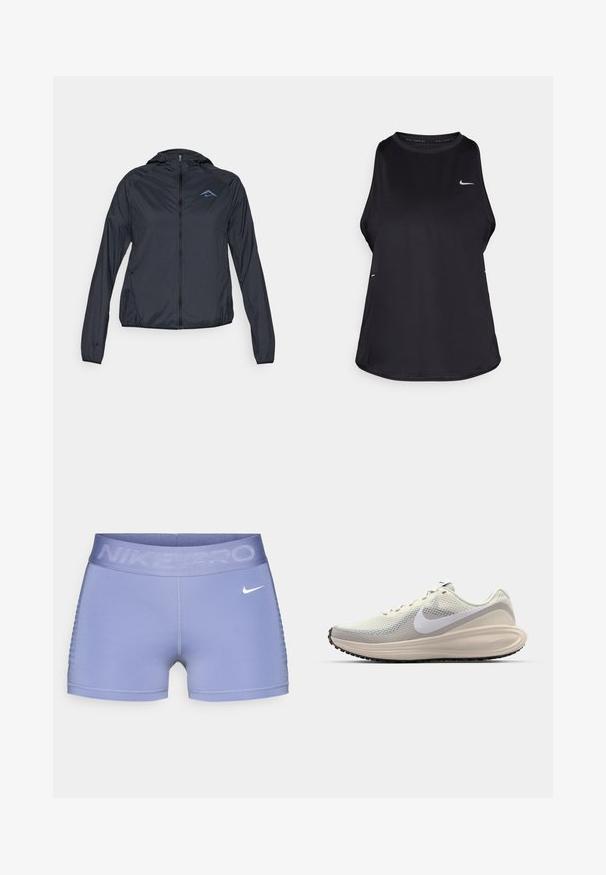 Casaco corta-vento leve, azul marinho, com fecho integral, capuz e logotipo no lado superior esquerdo do peito. Tecido suave e resistente à água.; Top de corrida sem mangas de cor preta, feito de material leve com decote redondo; apresenta um logotipo subtil e aberturas laterais para respirabilidade.; Calções de compressão Nike Pro em roxo claro, com uma cintura larga com o texto "NIKE PRO", textura suave e detalhes padronizados nos lados.; Sapatilhas com um upper de rede cinza claro, swoosh branco da Nike, palmilha acolchoada, forma elegante e sola em borracha preta com padrão de ranhura.