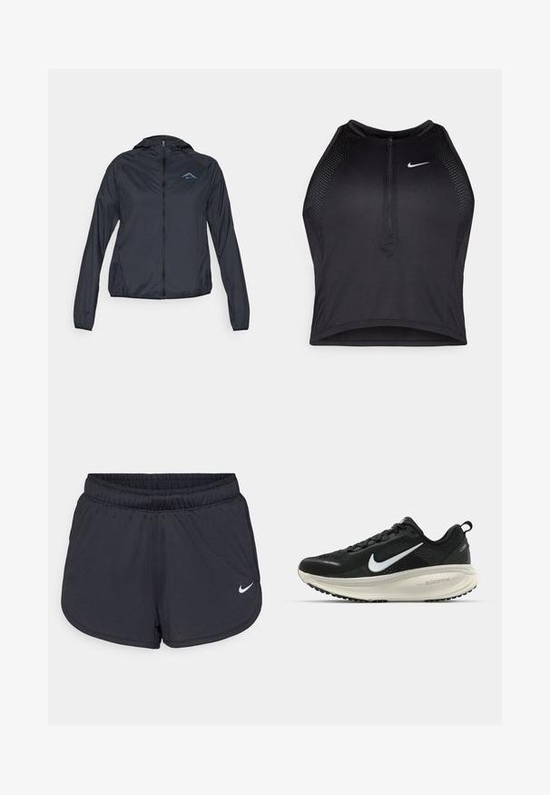 Veste coupe-vent légère de couleur bleu marine avec fermeture éclair intégrale, capuche et logo sur le haut à gauche de la poitrine. Tissu lisse et résistant à l'eau.; Crop top sportif noir avec fermeture éclair à l'avant, accents en mesh et design ajusté. Fabriqué en tissu extensible et respirant. Logo Nike à l'avant.; Shorts de sport noirs en tissu léger et respirant. Dotés d'une taille élastique et d'un logo Nike blanc sur le bas à droite.; Baskets de course noir Nike avec tige respirante en mesh, logo swoosh blanc, détails texturés et semelle intermédiaire ZoomX de couleur crème.