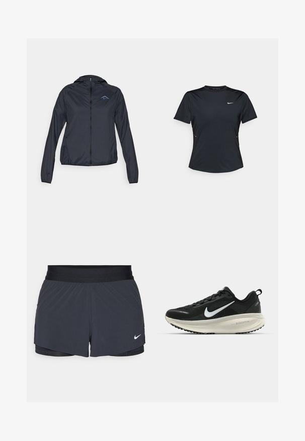 Giacca a vento leggera di colore blu navy, con zip completa, cappuccio e logo sulla parte superiore sinistra del petto. Tessuto liscio e resistente all'acqua.; Maglietta sportiva nera a maniche corte realizzata in tessuto leggero e traspirante. Ha un colletto rotondo e un piccolo logo Nike bianco sul petto.; Pantaloni sportivi neri con vita elastica, caratterizzati da un design a strati e un piccolo logo Nike bianco in basso a sinistra. Materiale leggero.; Scarpa da corsa nera Nike con tomaia in rete traspirante, logo Swoosh bianco, dettagli testurizzati e intersuola ZoomX di colore crema.
