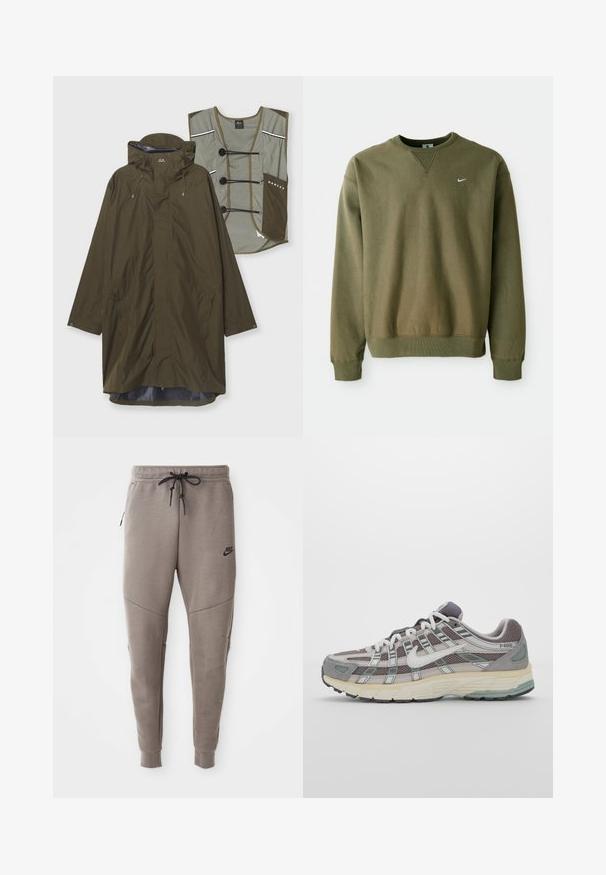 Alyvų žalios spalvos lietpalčio su kapišonu, ilgomis rankovėmis, užtrauktuku užsegamomis kišenėmis ir vidine pamušalu. Pridedamas nuimamas šviesiai žalias liemenė su mygtukų užsegimu.; Alyvuogių žalios spalvos Nike džemperis su apvalia iškirpte ir raukšlėtomis rankovėmis, demonstruojamas prieš paprastą baltą foną.; Pilkos Nike kelnės su raišteliu liemenyje, siaurėjančiomis kojomis, šoninėmis kišenėmis ir išskirtiniais siūlų detalėmis. Minkšta, tekstūruota medžiaga.; Pilkas sportinis batas su tinklu ir zomšos viršutine dalimi, baltomis detalėmis, paminkštintu padu ir išskirtiniu dizainu su atspindinčiais elementais.