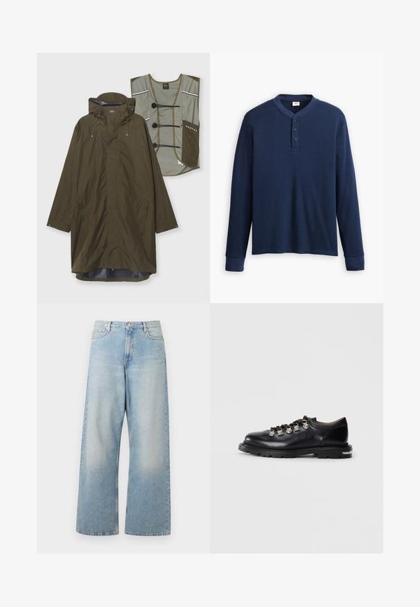 Olivgrüne Regenjacke mit Kapuze, langen Ärmeln, Reißverschlusstaschen und innerem Futter. Inkludiert eine abnehmbare hellgrüne Weste mit Knopfverschluss.; Langärmliges navyblaues Henley-Shirt aus geripptem Stoff. Mit rundem Ausschnitt und einer Knopfleiste mit drei Knöpfen. Die Bündchen sind schmal geschnitten.; Helle blaue weit geschnittene Jeans aus Denim, mit hoher Taille, Fronttaschen und einem ausgewaschenen Look mit subtilen Abzeichen an den Oberschenkeln.; Schwarzer Leder-Schnürschuh mit niedrigem Schnitt, dicker Sohle, Metallösen, dekorativen silbernen Charms an den Schnürsenkeln und strukturiertem Profil auf der Sohle.