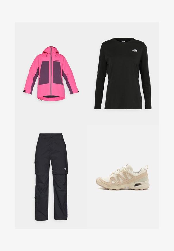 Ljusröd vattentät jacka med lila paneler, huva, frontdragkedja och justerbara ärmar; har en stilren och funktionell design.; Svart långärmad t-shirt i bomull med rund hals. Har en liten vit logotyp på vänster bröstområde. Enkelt design och passform.; Svarta nylonbyxor med avtagbara ben, justerbara muddar, flera fickor och en logotyp på högra benet. Slät, lätt textur.; Beige och krämfärgad atletisk sko med texturerad meshovandel, stöttande överdrag och gummisulor med ett mönster för grepp.